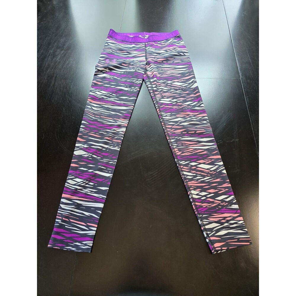 Under Armour Girls HeatGear Leggings Purple Pink Abstract Print Size YSM